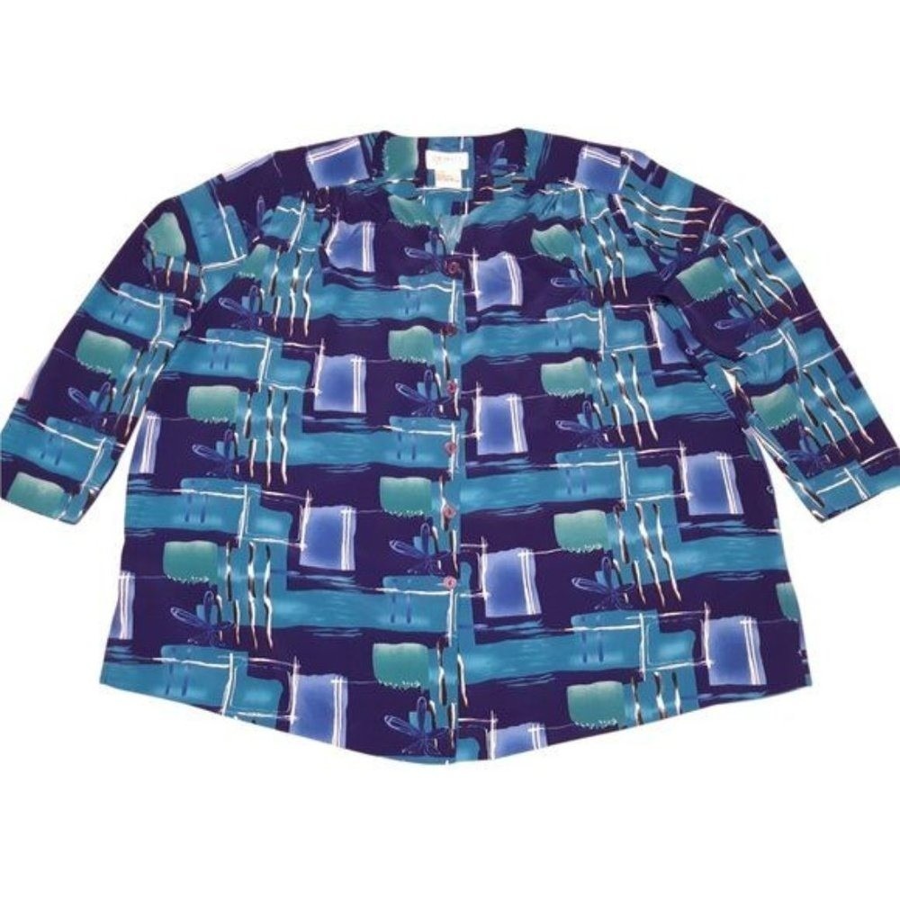 VTG Sue Brett Collection Blouse Womens 1X Blue Teal Abstract Geometric Retro 90s